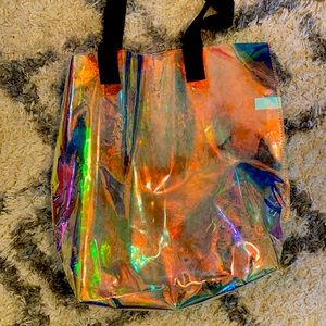 Multicolored Beach Bag with Black Strap.